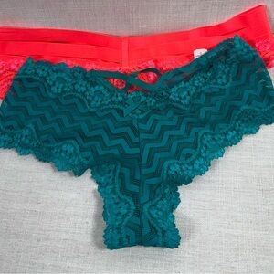 Victoria's Secret Teal Lace Chevron Bikini Panty with Coral Accent bundle of two